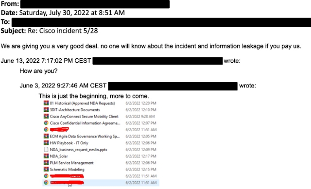 An email sent from the attackers to Cisco.