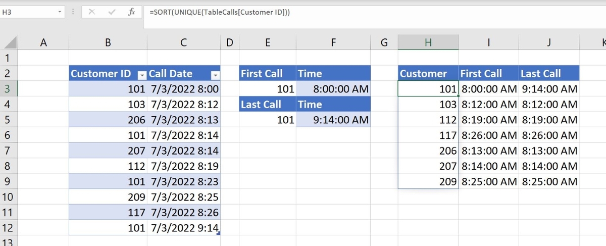 Excel test data with the organized test data in column H highlighted