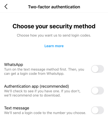 screenshot of instagram security page