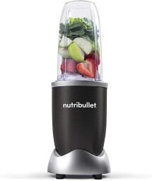 black nutribullet filled with unblended fruit and ice
