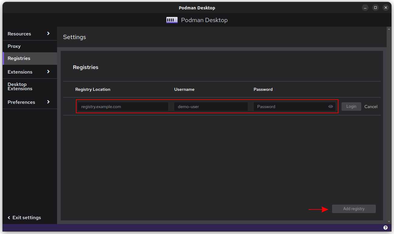 image of supplying registry credentials in Podman Desktop