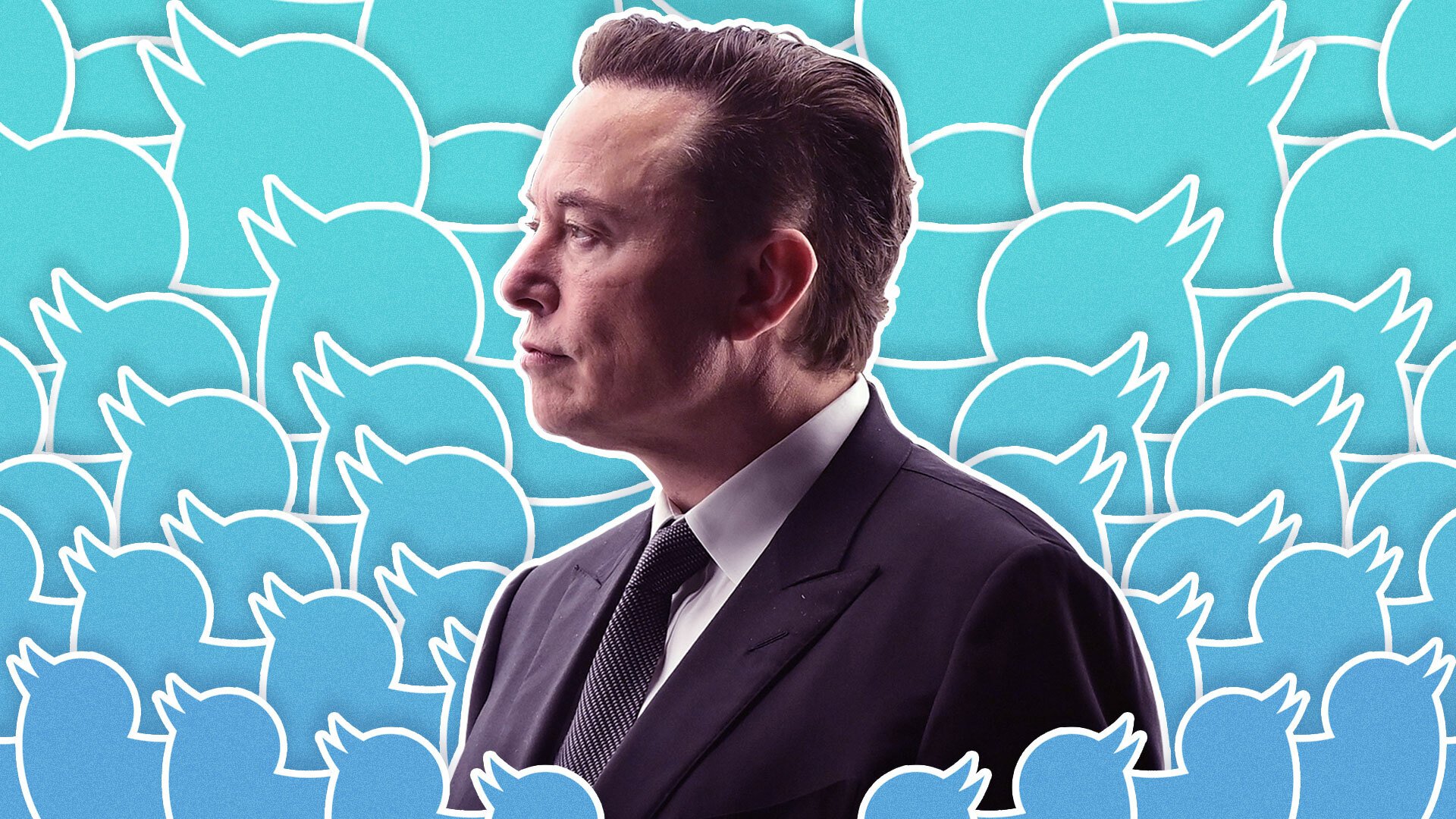 Elon Musk in front of a bunch of blue Twitter birds.
