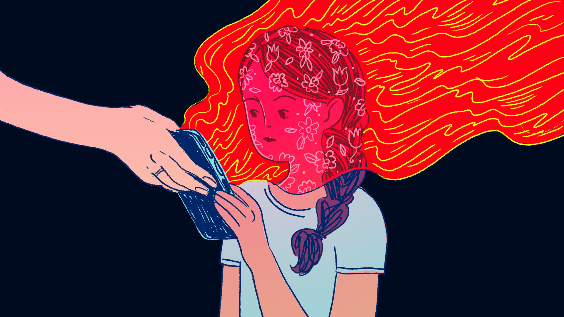 Illustrated version of a girl being handed a phone that's emanating a red cloud.
