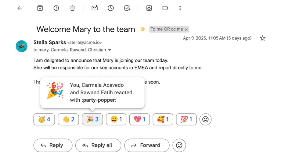 Example of Gmail Emoji Reaction