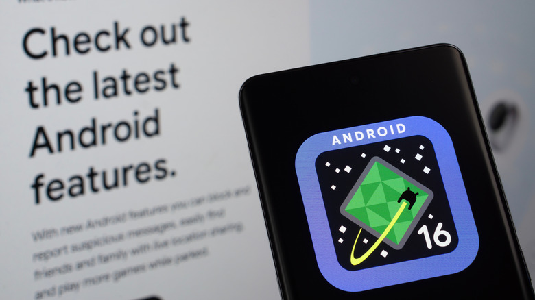 Logo of Android 16's latest update featuring announcements of new features in the background