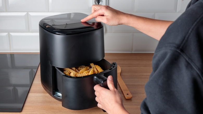 Individual utilizing air fryer for cooking fries