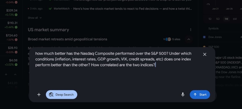 Gemini can generate Deep Search reports in Google Finance.