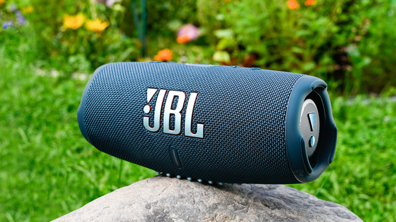 jbl charge 5 speaker situated in an outdoor setting