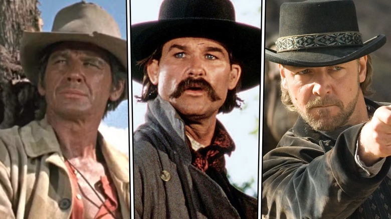 Charles Bronson as Harmonica, Kurt Russell as Wyatt Earp and Russell Crowe as Ben Wade on a three-panel image