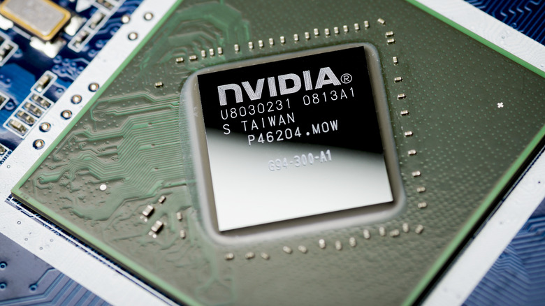 Close-up image of an NVIDIA video chip mounted on the motherboard.