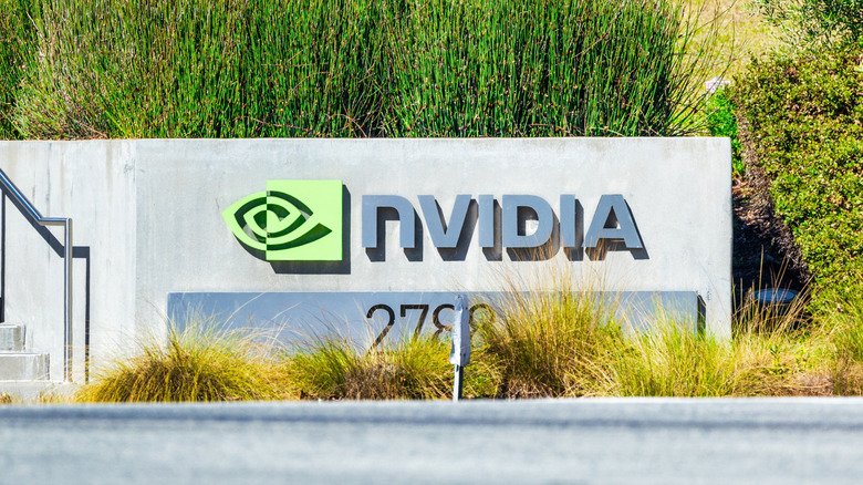 The Nvidia logo emblazoned on a concrete structure outside the firm's headquarters in Santa Clara, California
