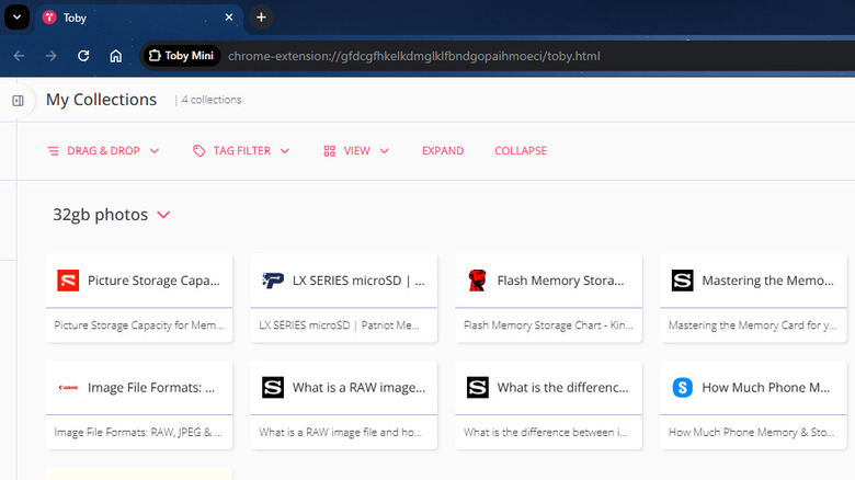 Toby dashboard on Chrome displaying multiple websites