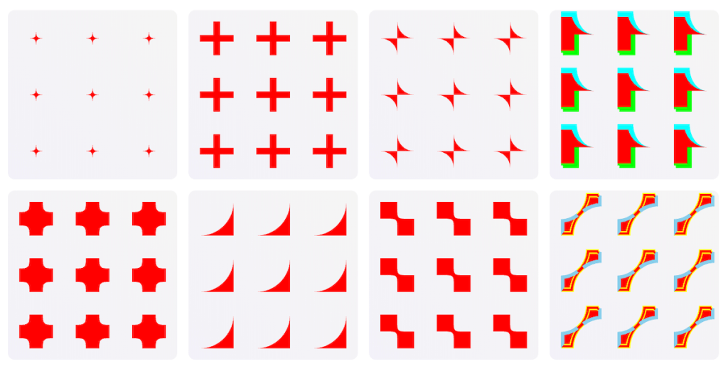A grid of various decorative patterns featuring red shapes on a white background, including stars, crosses, and curved designs.