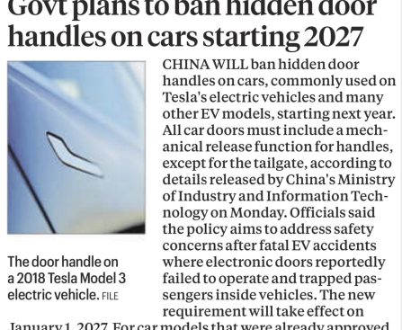 China Enforces Prohibition on Extendable Car Door Handles for Safety Concerns