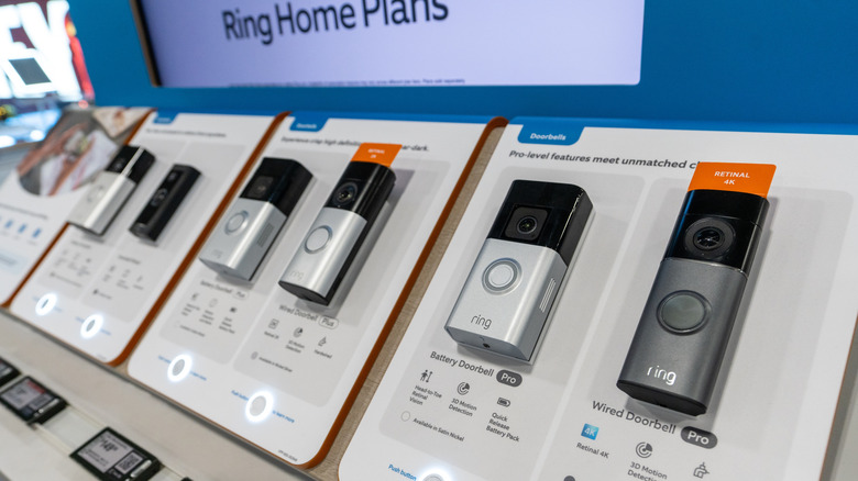 Ring video doorbells on display at an electronics store.