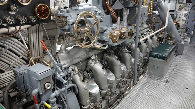 Engine of a U.S. submarine showcasing visible valves and structure.