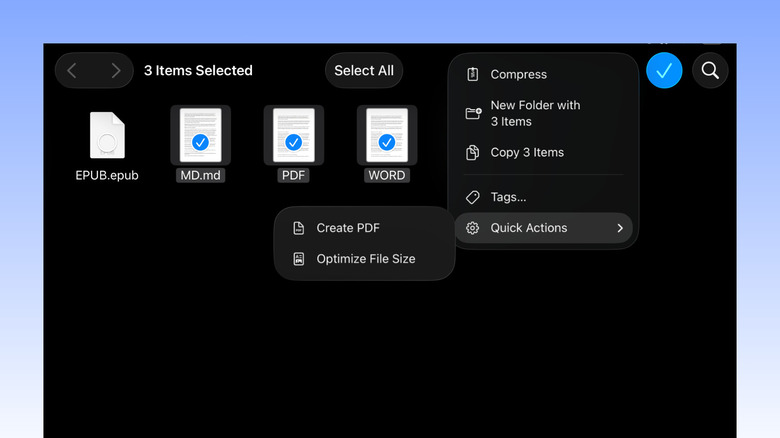 iPad Files app displaying selected files with Create PDF option