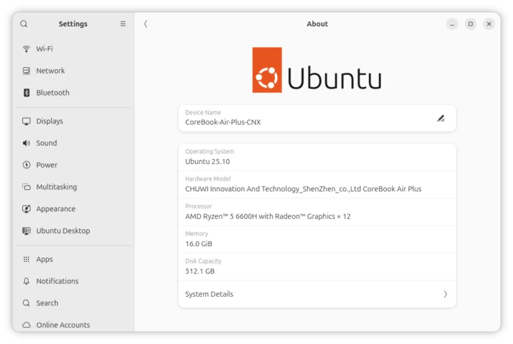 CHUWI CoreBook Air Plus 16 Ubuntu 25.10 About