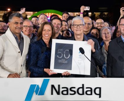Tim Cook Calls Nasdaq Opening Bell to Commemorate Apple’s 50th Anniversary