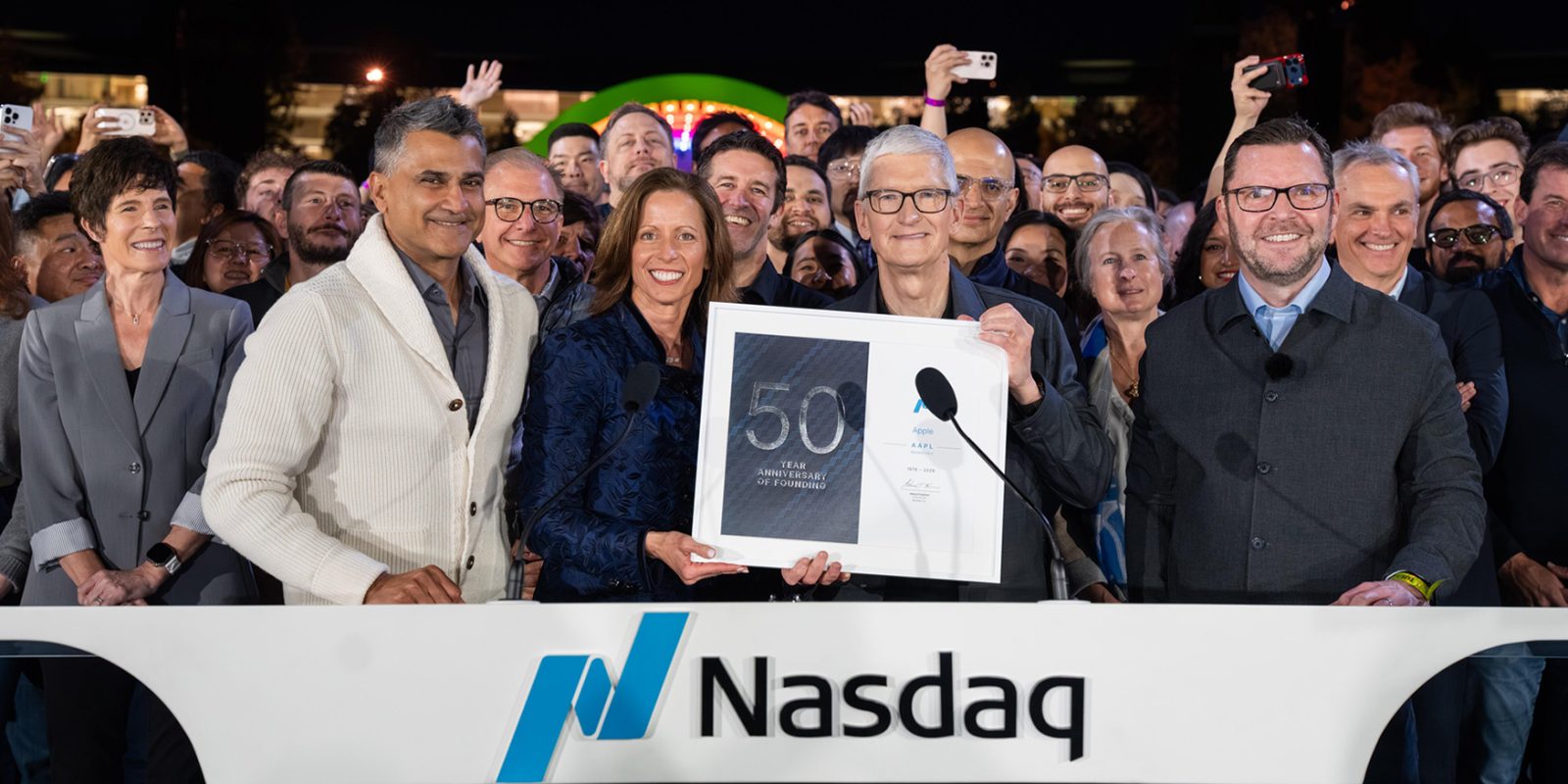 Tim Cook Calls Nasdaq Opening Bell to Commemorate Apple’s 50th Anniversary