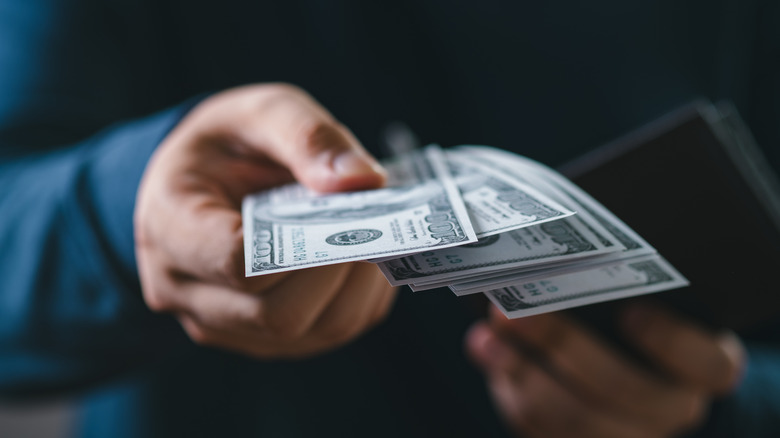 A person's hands holding out money.