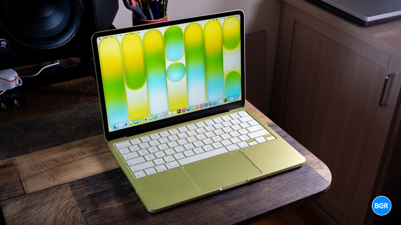 The MacBook Neo laptop on a table.