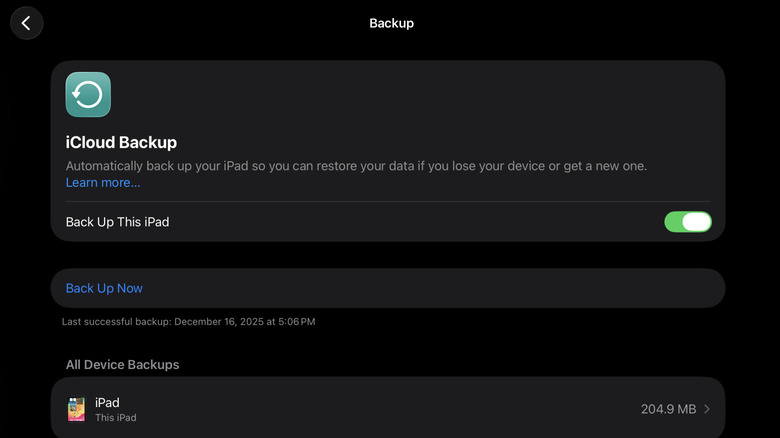 iPad displaying the iCloud Backup option