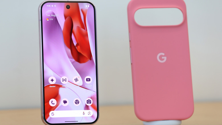 The Pixel 9 on display: Home screen and Google search bar in view.