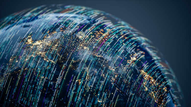 Illustrative image of Earth showcasing data streams and digital enhancements, suitable for themes related to artificial intelligence, extensive data, and global technological advancements.