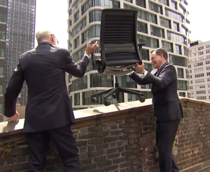 Stephen Colbert and David Letterman Hurling CBS Furniture Off the Roof is Must-See TV