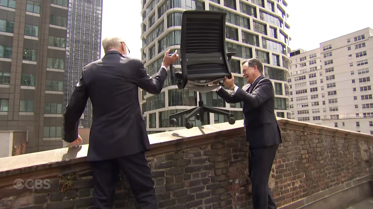 Stephen Colbert and David Letterman Hurling CBS Furniture Off the Roof is Must-See TV