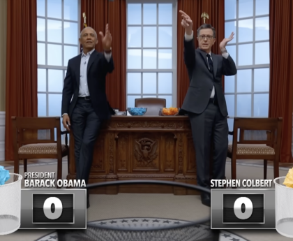 Stephen Colbert Faces Off Against Barack Obama in a High-Stakes Wastepaper Basketball Rematch