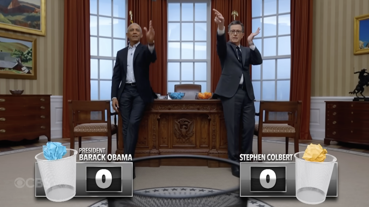 Stephen Colbert Faces Off Against Barack Obama in a High-Stakes Wastepaper Basketball Rematch