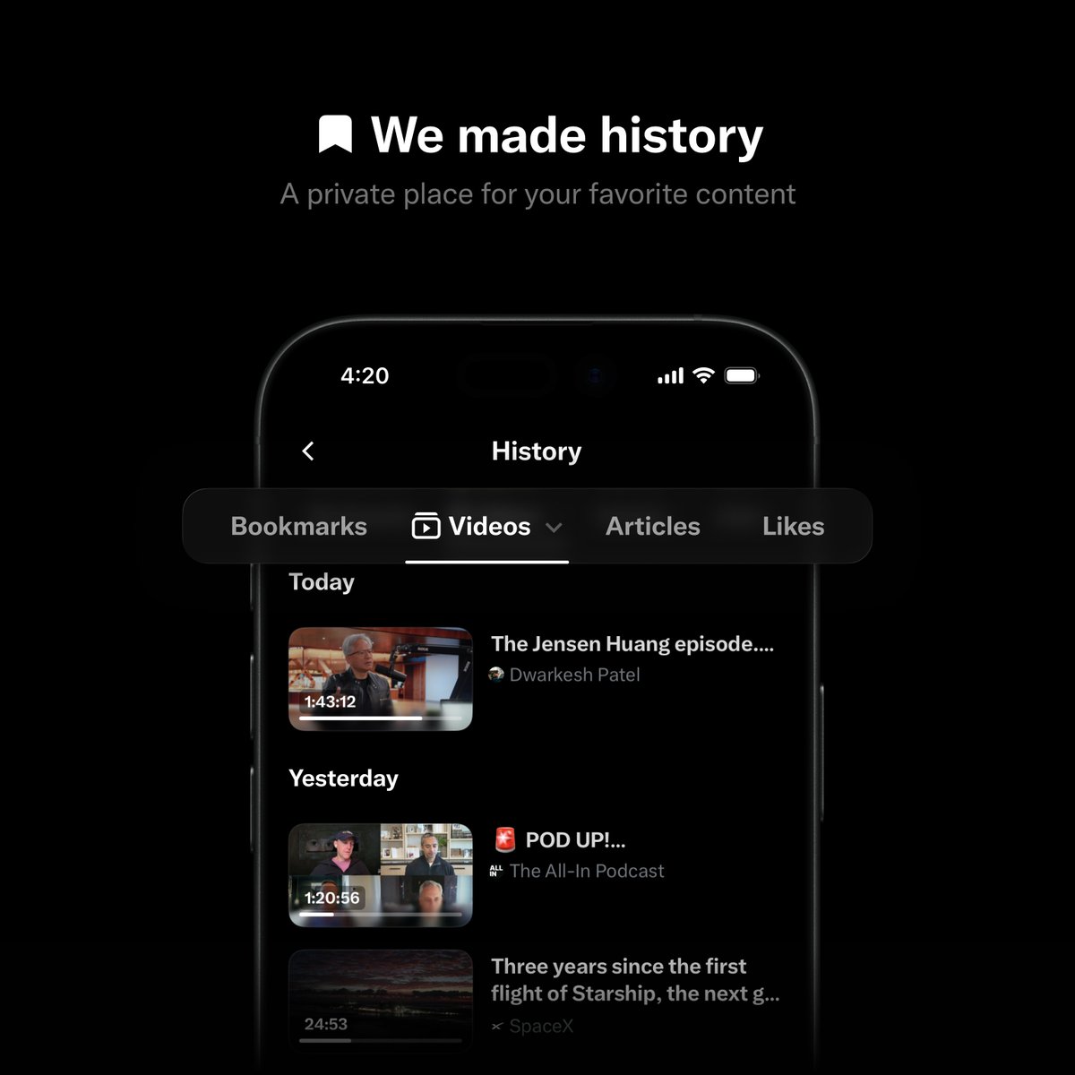 X Introduces History Tab for Bookmarks, Likes, Videos, and Articles